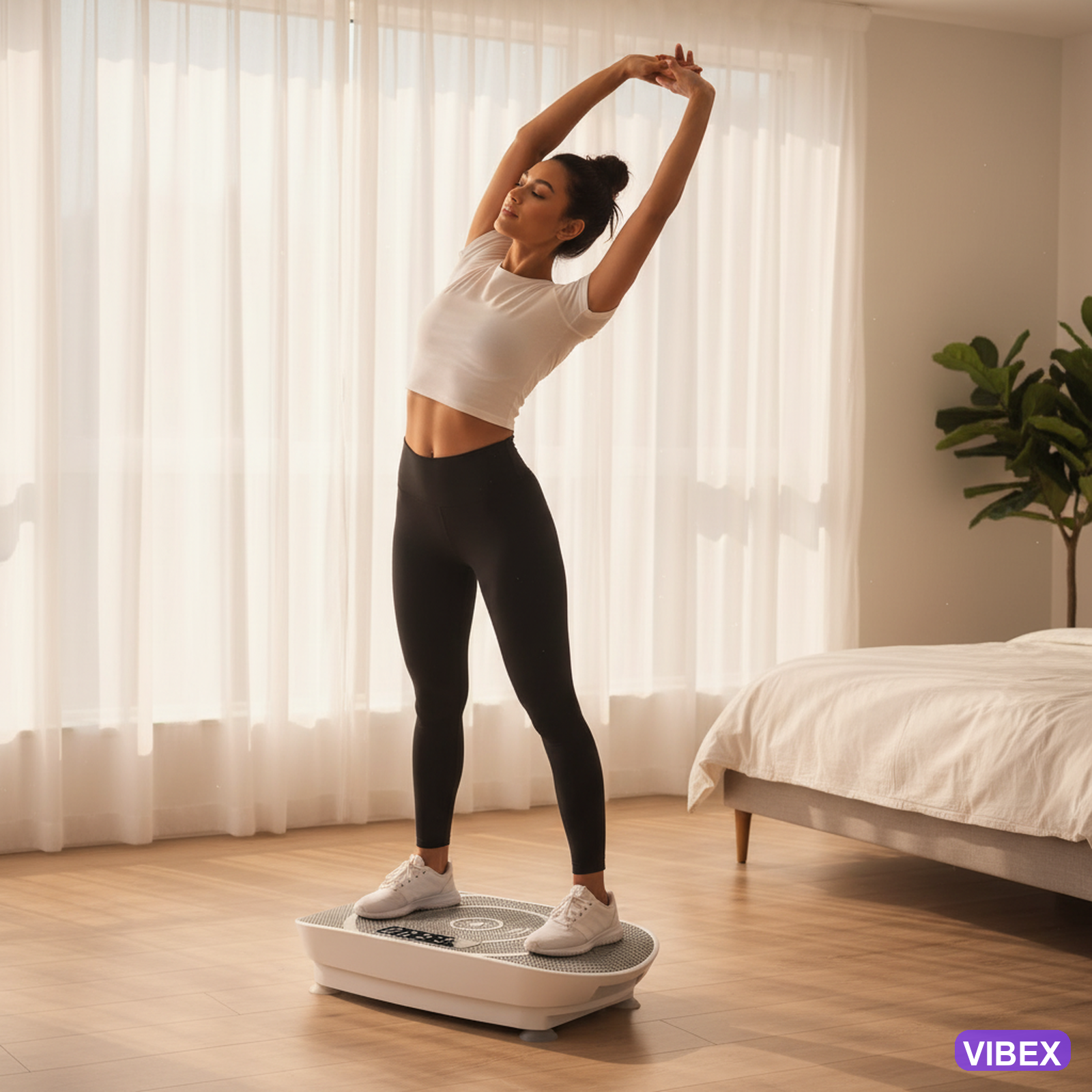 Woman stretching on VIBEX in bedroom